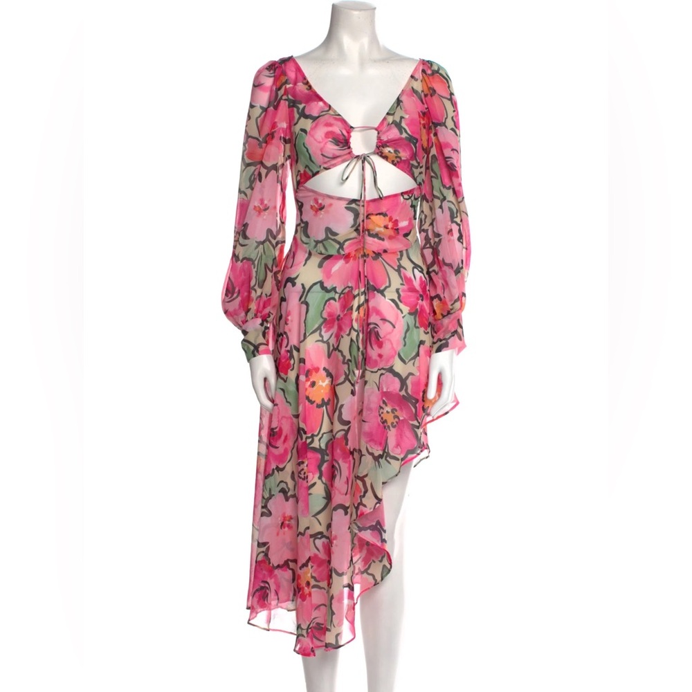 🆕For Love & Lemons Tiana Printed Flowy Ruffles Sheer Tie Front Midi Dress Sz XS